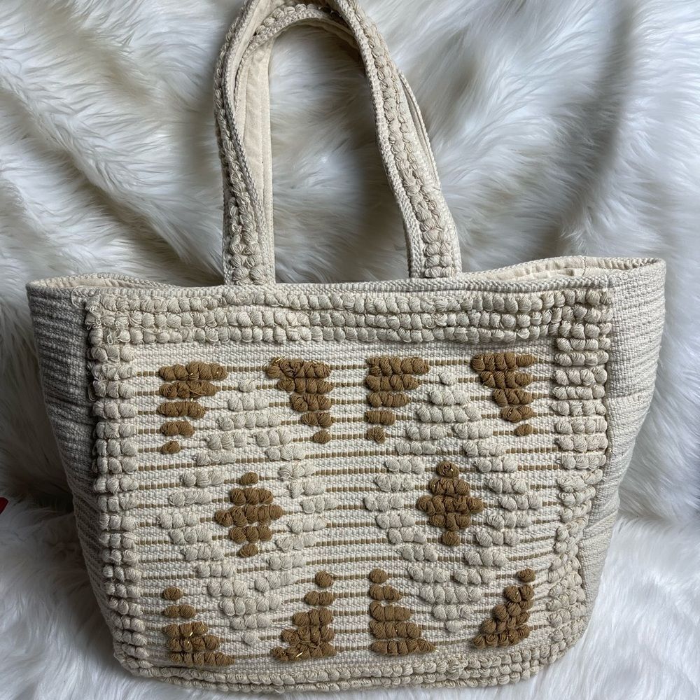 Evelyn K Hobo beige cotton extra large tote with brown and gold stitchin…